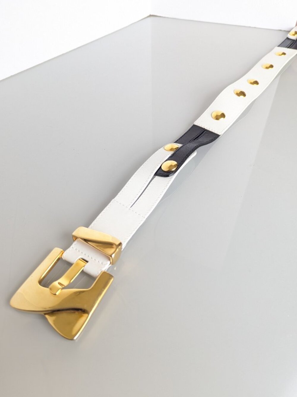 Escada Vintage Black And White Leather Belt Gold Tone Round Studs